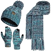 Womens Winter Warm Beanie Hat Touchscreen Gloves Lone Neck Scarf Set with Fleece Lined Pom Skull Cap Gift for Women 3PCS