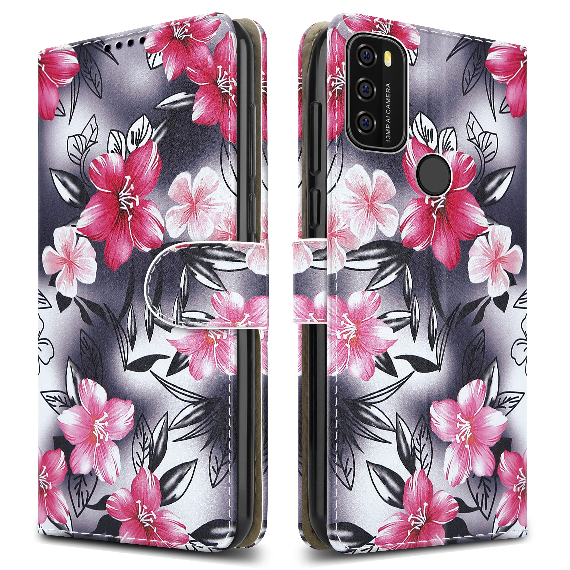 PIXFAB For Blackview A70 Leather Phone Case, Magnetic Closure Full Protection Book Folio Design, Wallet Case Cover [Card Slots] and [Kickstand] For Blackview A70 (6.5") - Flower Print