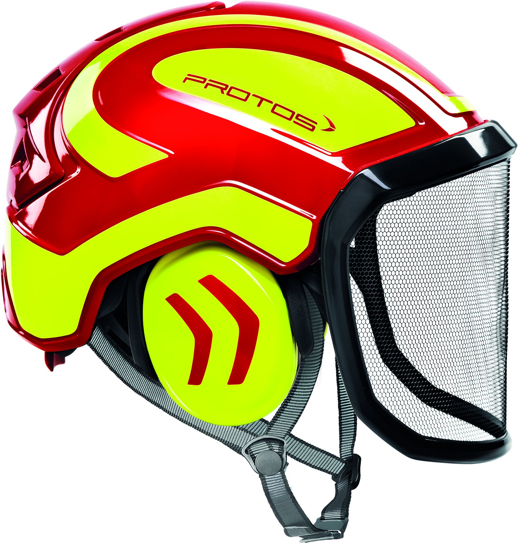 Protos Integral Arborist Safety Helmet, Ear Protection, Features: fine Visor, Colour: red/Yellow