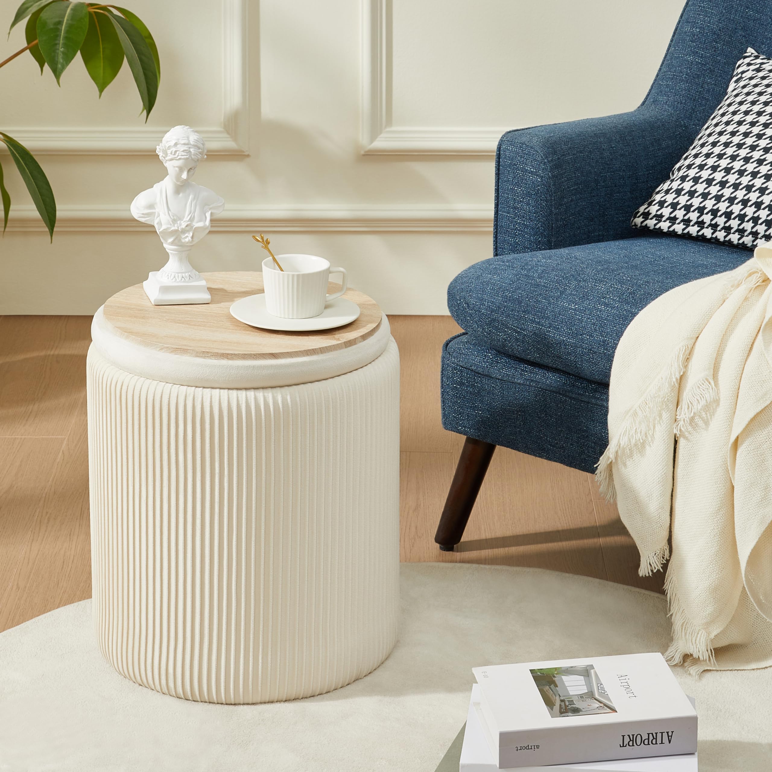 Chilihom Round Ottoman with Storage Set of 2 Upholstered Velvet Vanity Stool for Makeup Lines Support 300lbs Ottomans Multifunctional Foot Rest Coffee Table Padded Seat for Living Room&Bedroom-Beige - Image 3