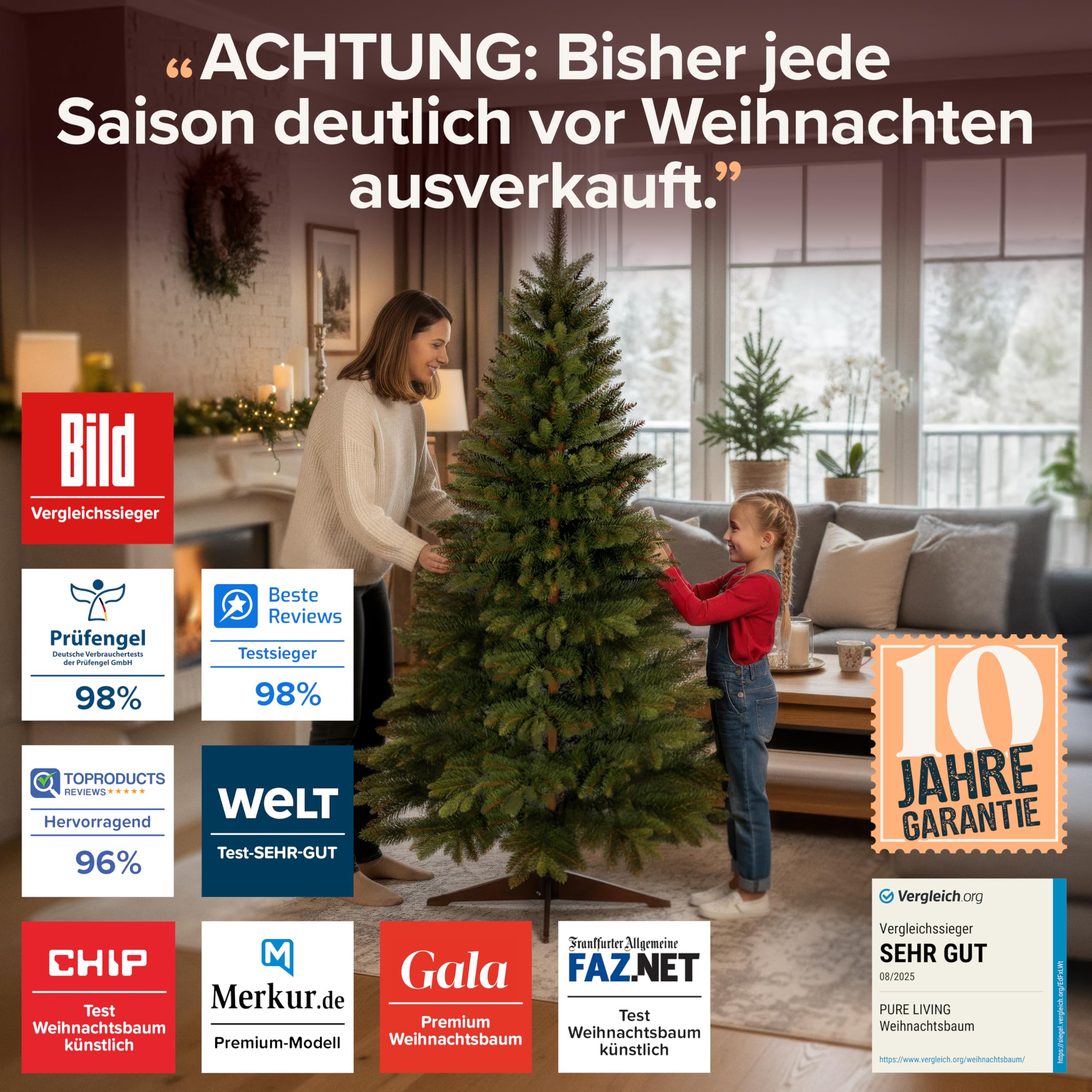 Premium Weihnachtsbaum künstlich 180cm - TESTSIEGER 10 Jahre GARANTIE - Naturgetreu, dichte Zweige, Künstlicher Weihnachtsbaum mit Holzständer, Christmas Tree Tannenbaum künstlich 180 cm Pure Living