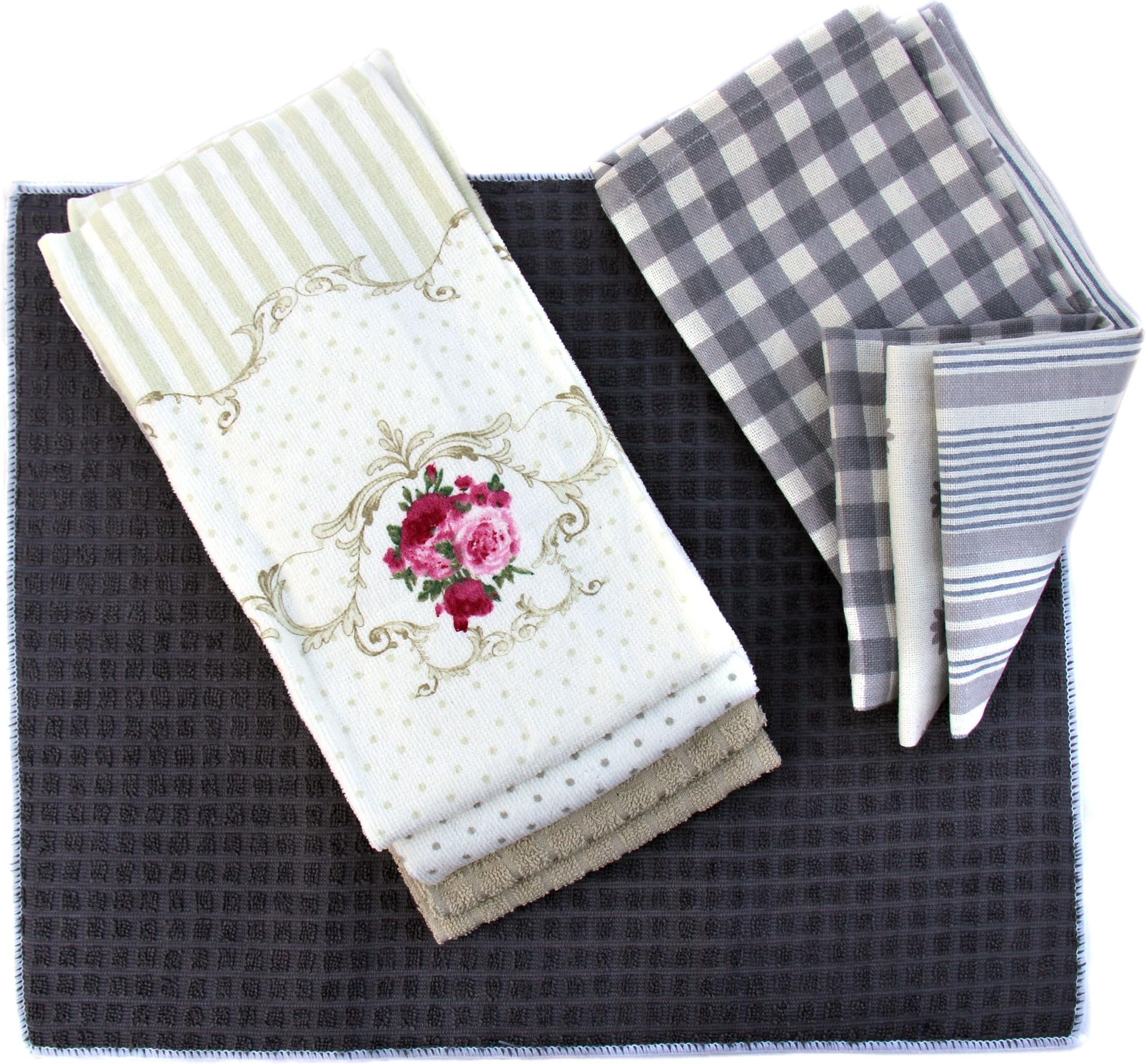 8 Piece Dish Towel Gift Set: Four Kitchen Towels Terry Cloth 100% Cotton, Three Decorative Tea Towels, and Ultra Absorbent Microfiber Dish Drying Mat (Set Of 8)