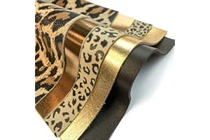 LEATHERAA ITALIAN LEATHER COMPANY Leopard Print Real Leather Sheets : Leather Material for Crafts and Leather Earrings Making 5x5in Large 5 Pieces of Genuine Brown Leather with 2 Kinds of Gold Metallic Leather