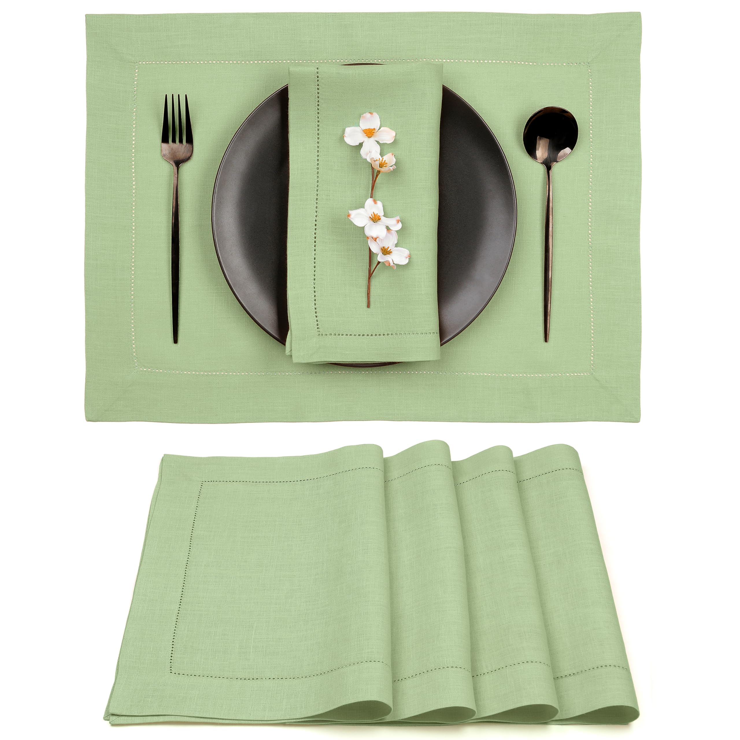 D'Moksha Homes Christmas Placemats 14 X 19 Inch, 100% Pure Linen Classic Hemstitch Cloth Placemats/Dinner Mats/Dining Table Mat, Machine Washable- Thanksgiving, Xmas Placemats (Set Of 4) Sage Green — image 1