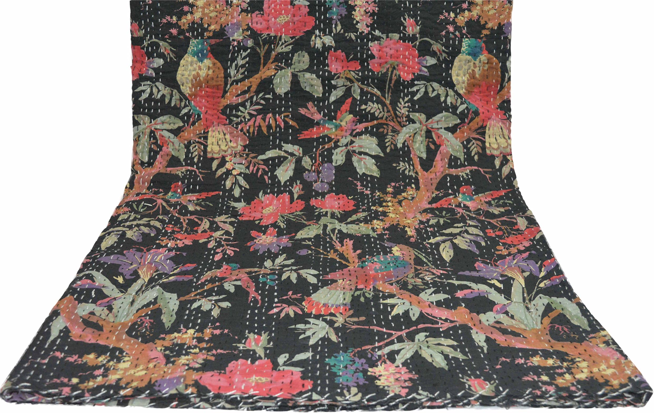 Sophia-Art Twin/King Bed Bohemian Bird Queen Bedspread Handcrafted Handmade Quilt Kantha Bird Print Cover Unique Blanket Bedding Quilt (Black, King 90 * 108 Inches)