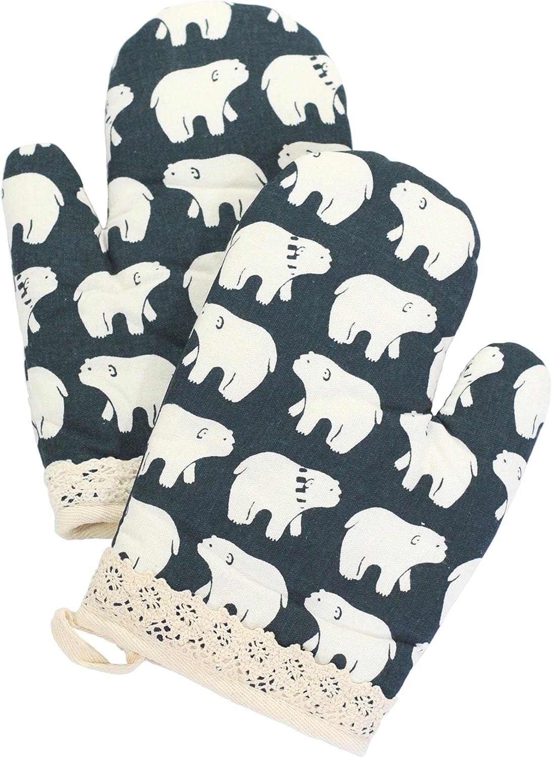 Yizi Zakka Cotton Oven Mitts, Polar Bear Pattern, Heat Resistant Potholders, Oven Gloves for Cooking, Baking, Microwave, 1 Pair