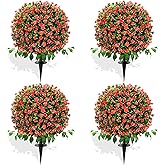 28" Artificial Boxwood Topiary Trees with Roses, 4 Pack Lifelike Evergreen Shrubs Featuring Ground Spike, Artificial Plants UV Protected for Year-Round Beauty in Indoor Outdoor Gardens and Porches