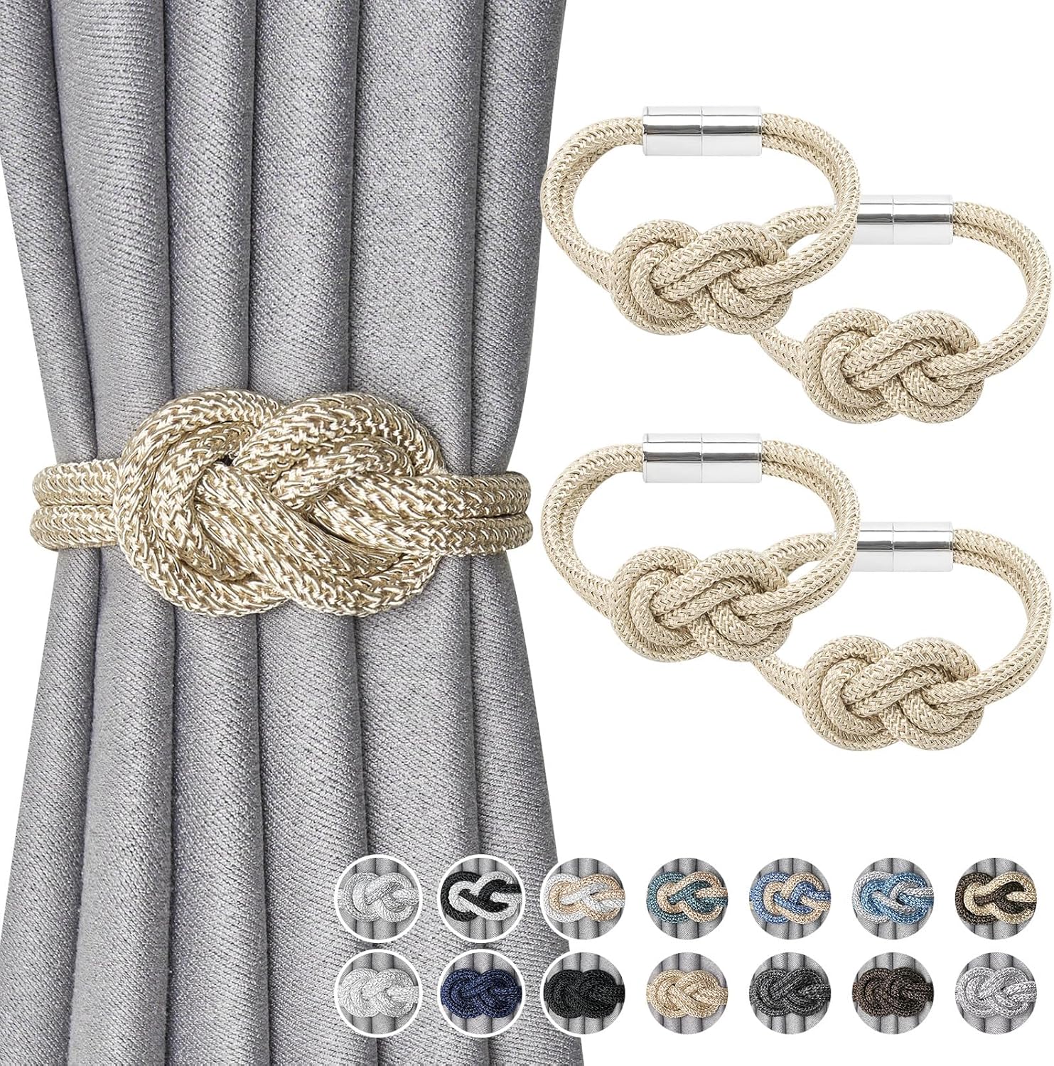 Window Treatment Hardware - NICEEC 4 Pack Mini Magnetic Curtain Tiebacks Nordic Simple Style Drape Tie Backs Elegant Hand Weave Rope Knot Decorative Curtain Holdbacks for Home & Office Thin Window Drapery (Beige)