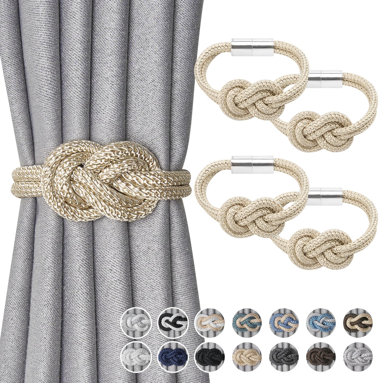 Pretty Jolly 4 Pack Mini Magnetic Curtain Tiebacks Nordic Simple Style Drape Tie Backs Elegant Hand Weave Rope Knot Decorative Curtain Holdbacks for Home & Office Window Drapery (Beige)
