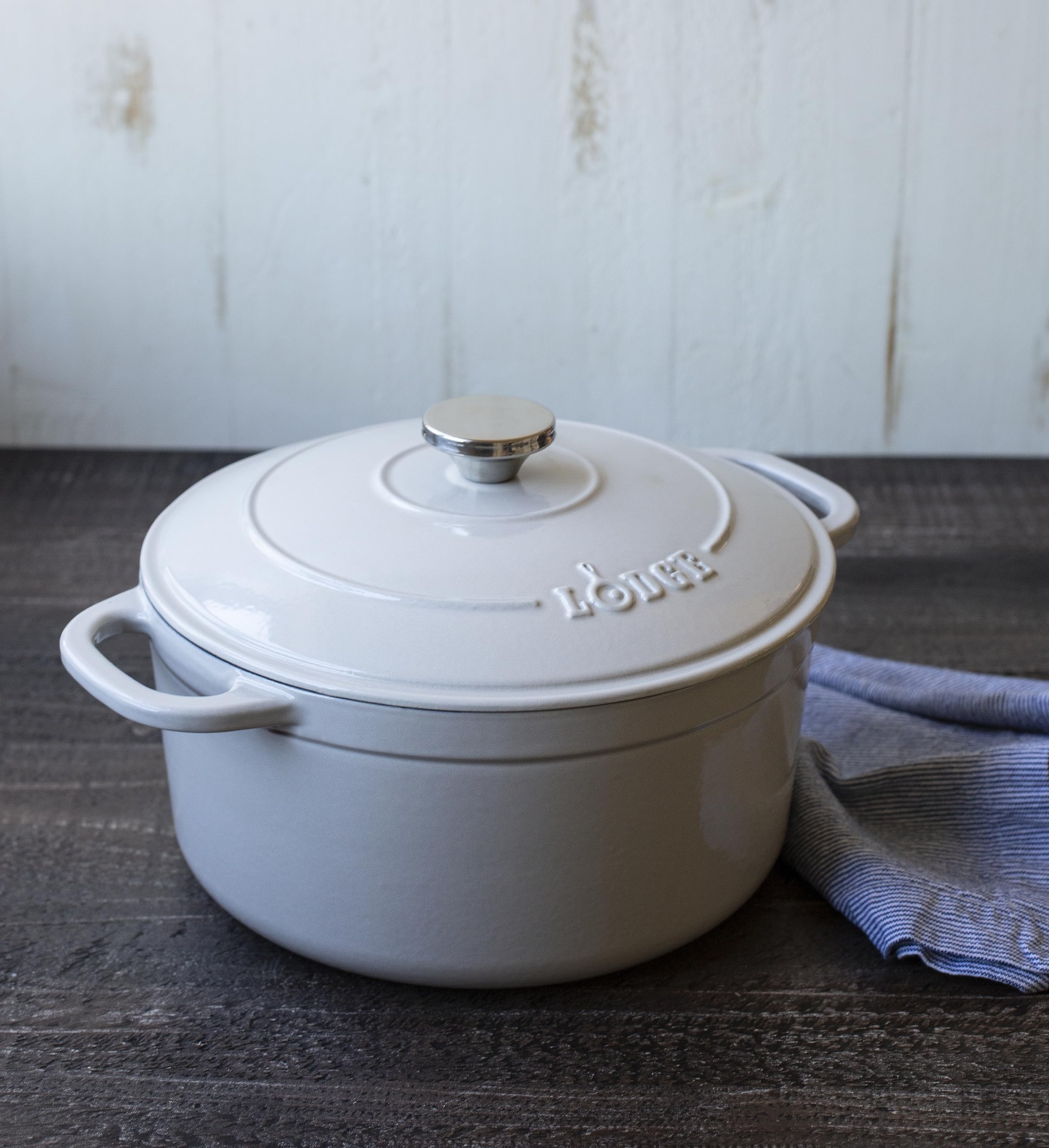 Lodge 6.5 Quart Enameled Cast Iron Dutch Oven with Lid – Dual Handles – Oven Safe up to 500° F or on Stovetop - Use to Marinate, Cook, Bake, Refrigerate and Serve – Oyster