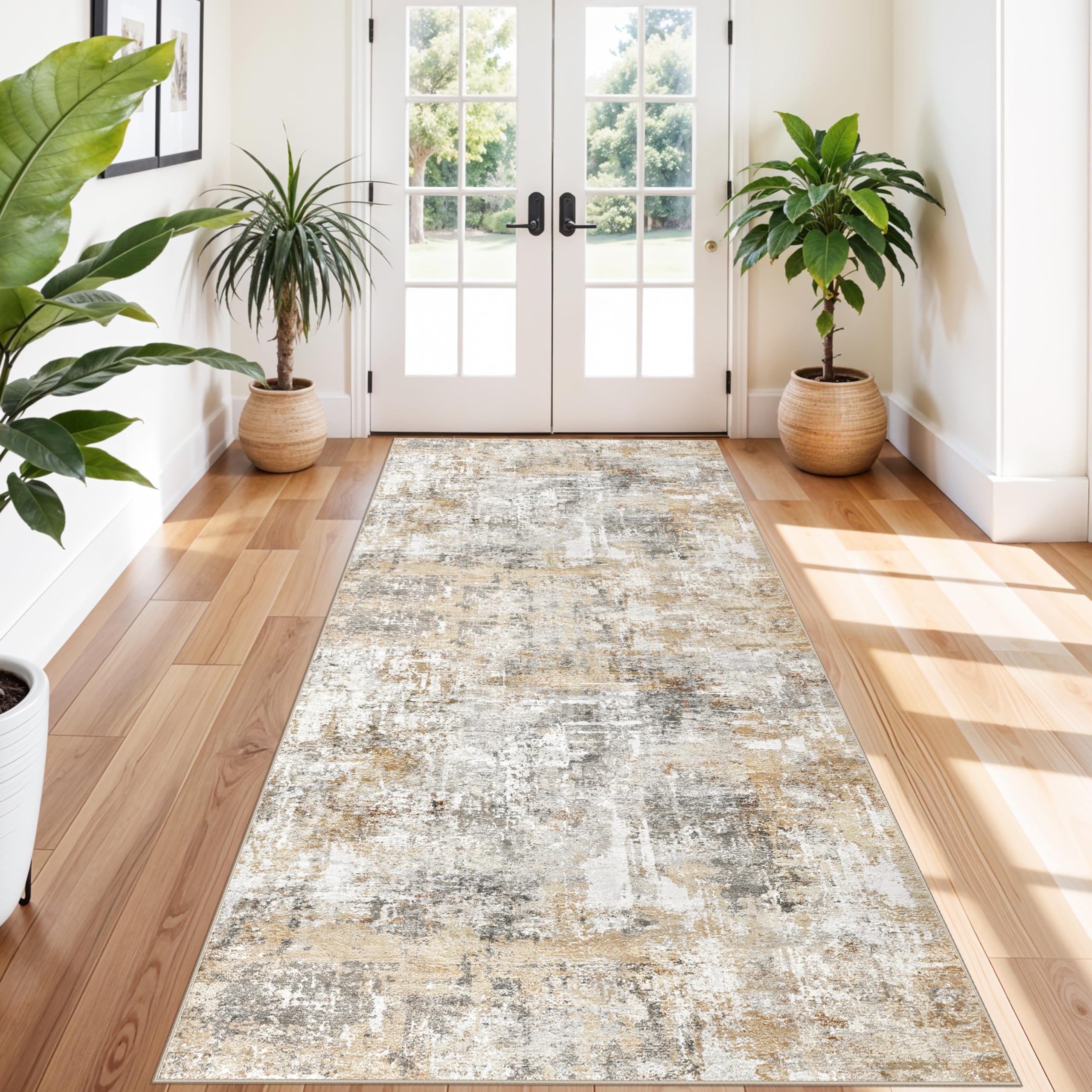 4x10 ft Extra Wide Hallway Rug – Non-Slip Washable Rubber-Backed Large Carpet Runner for Kitchen, Entryway | Modern Abstract, Low-Pile Thin Floor Mat for Bedroom Living Room Dining Room (Gold Grey) Image