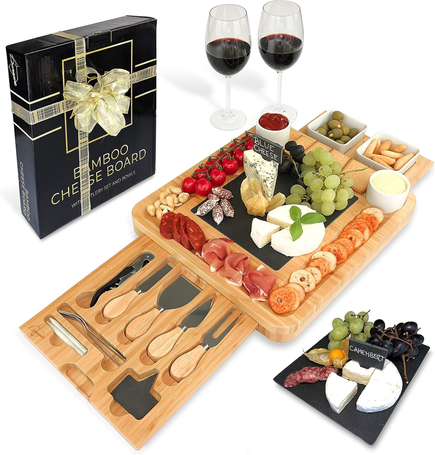 Bamboo Cheese Board and Knife Set Ceramic Bowls Wine Opener - 100% Organic Wood Serving Tray Charcuterie Board Perfect Choice for Gourmets, Birthday Presents, Wedding Gifts, Mothers & Housewarming
