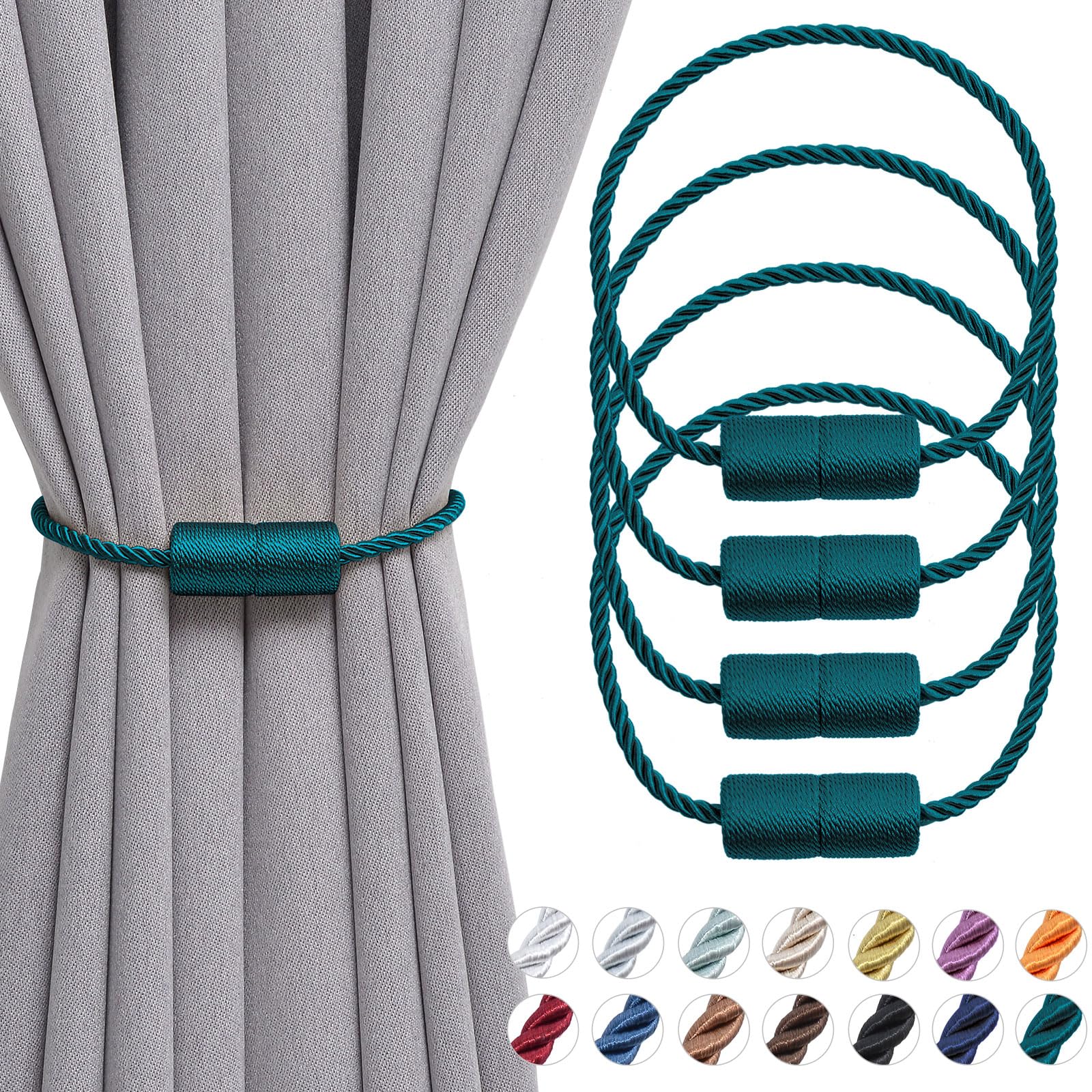Pretty Jolly 4 Pack Magnetic Curtain Tiebacks 16 Inch Handmade Weave Side Rope Curtain Holdbacks Convenient Decorative Cylinder Curtain Drape Tie Backs for Home & Office Window Drapery (Green)