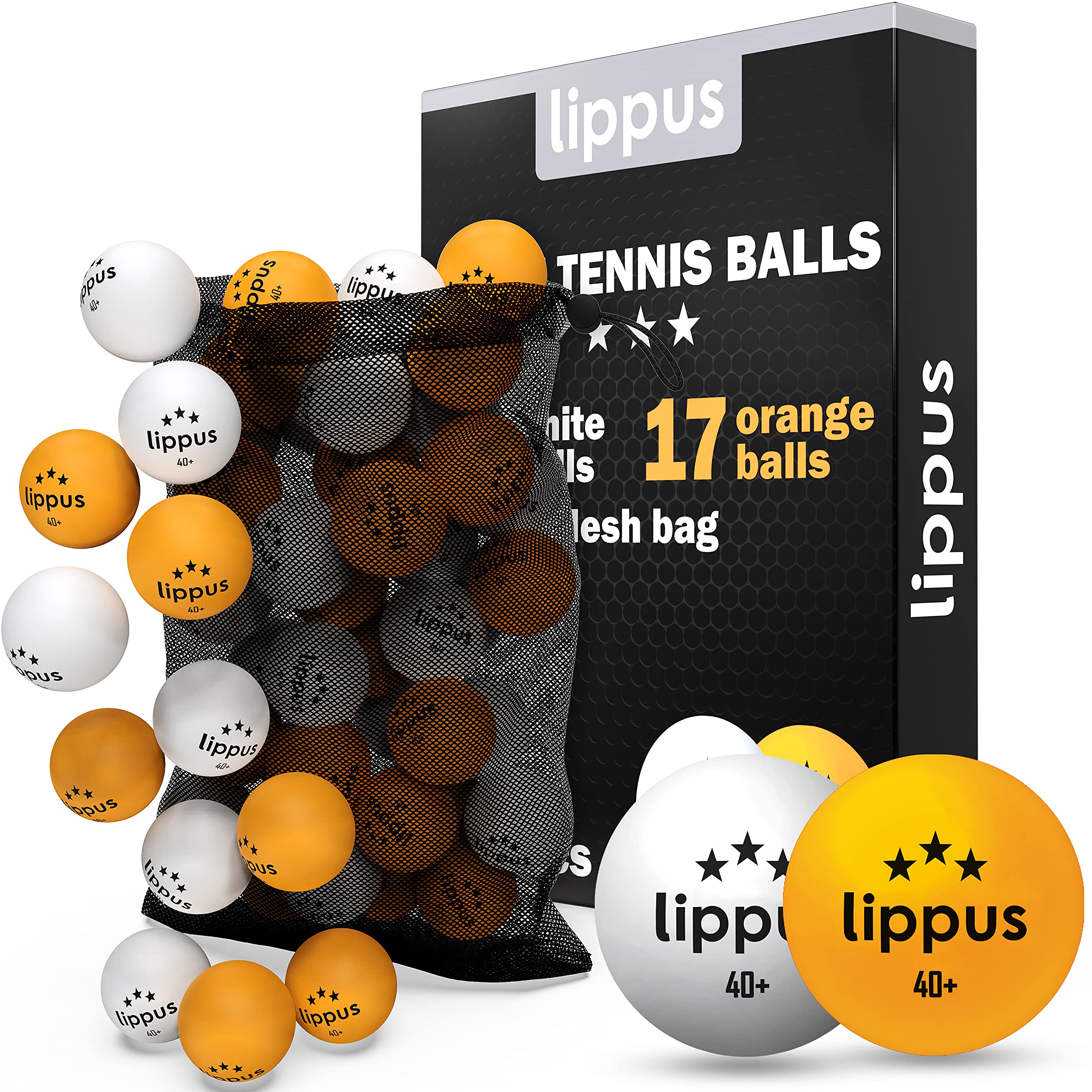 lippus Table Tennis Balls 3-Star [35 Pieces] Set - 18 White & 17 Orange Ping Pong Balls + STORAGE BAG - Ideal Playing Characteristics - Produced According to Competition Standards