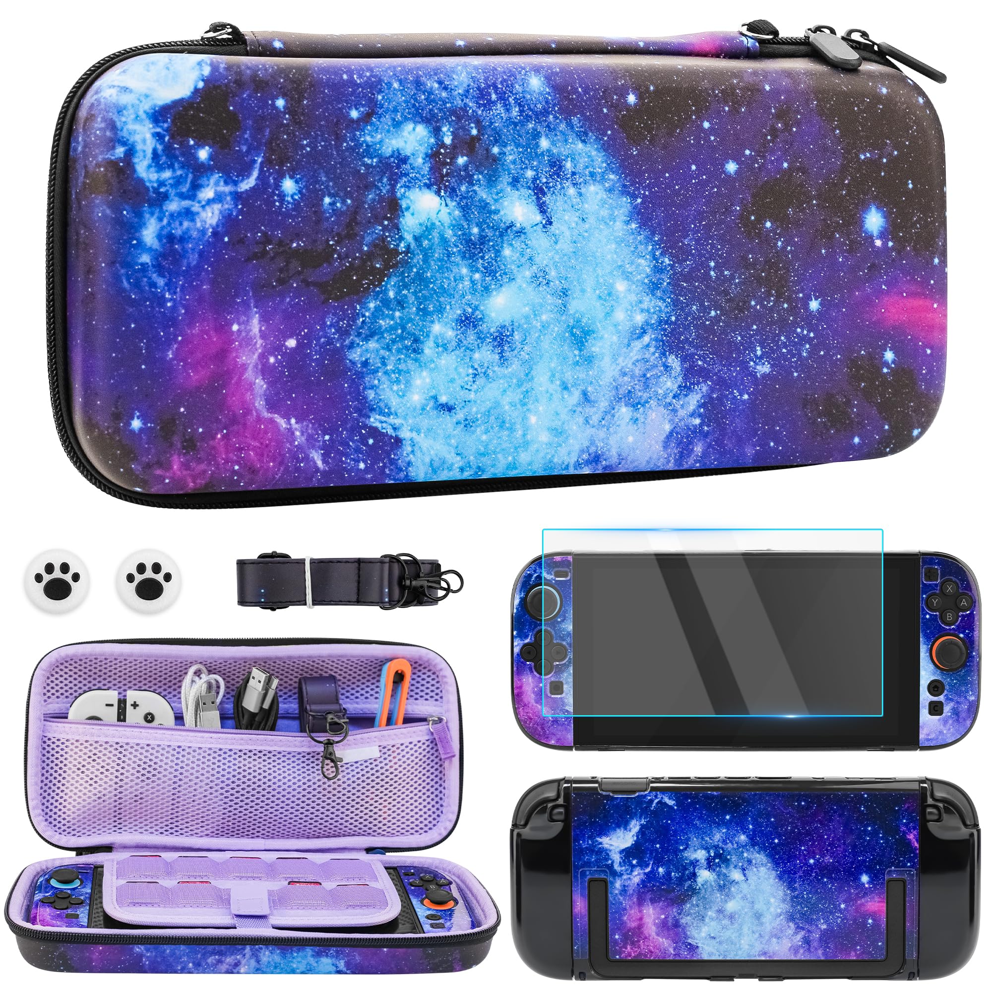 RHOTALL Galaxy Carrying Case for Nintendo Switch 2 (2025),Blue Cute Shockproof Hard Shell Travel Switch 2 Case,Protective Cover Portable Bag,Screen Protector,Shoulder Strap,2 Thumb Cap- Starry sky
