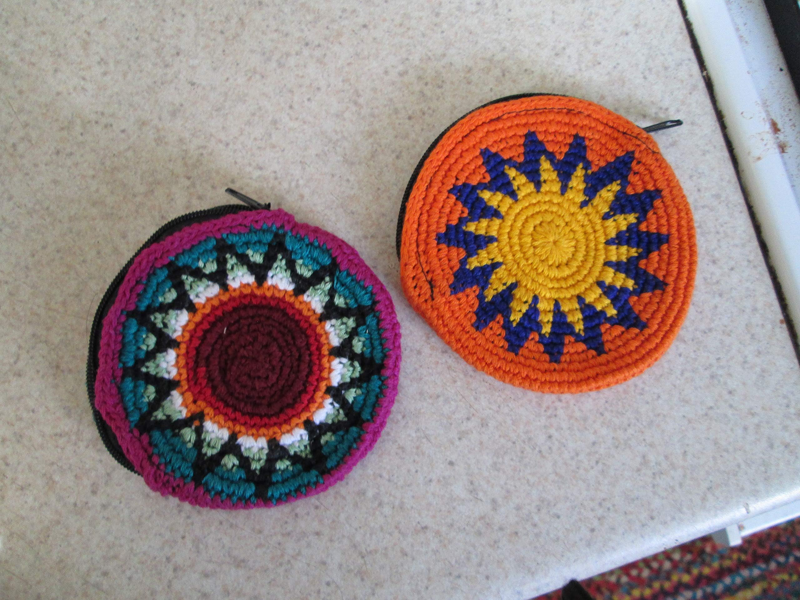 2 purple orange green rainbow flower round disc star geometric crochet design zippered Guatemalan woven textile purse coin purse credit card electronic stash pouch bag wallet fair trade cotton