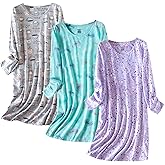 Inadays 3 Pack Women's Cotton Nightgown Sleepwear Long Sleeves Nightshirt Fun Print Sleepdress Loose Comfy Sleepshirts