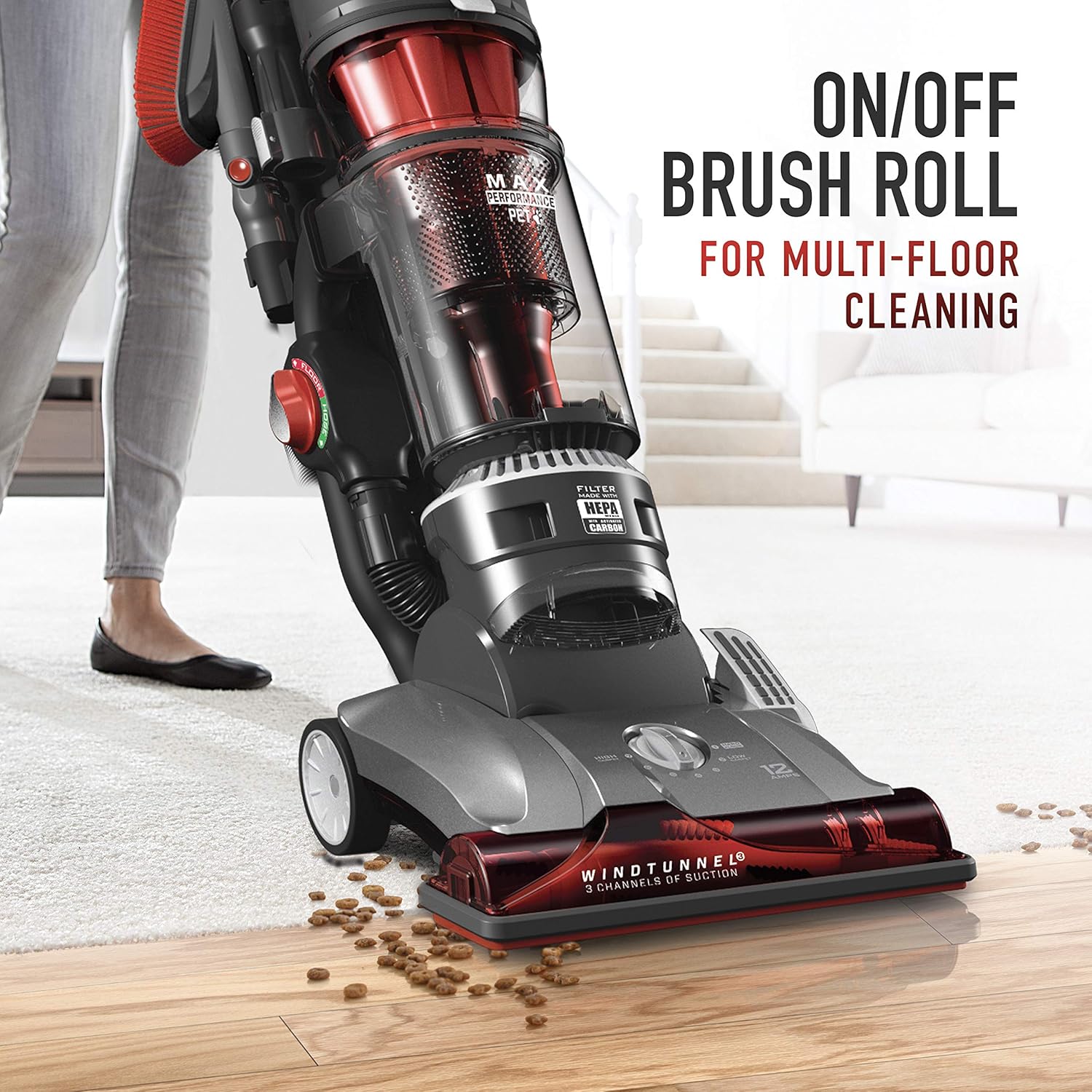 Hoover UH72625 WindTunnel 3 Max Performance Upright Vacuum Cleaner, HEPA Media Filtration and Powerful Suction for Pet Hair, Red -
