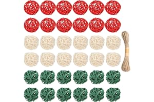 Lucleag 36Pcs Christmas Rattan Balls Decorations, 1.18in Red White Green Natural Wicker Balls Ornament Vase Filler DIY Craft with Hemp Rope for Xmas Tree Home Table Decorations Party Supplies