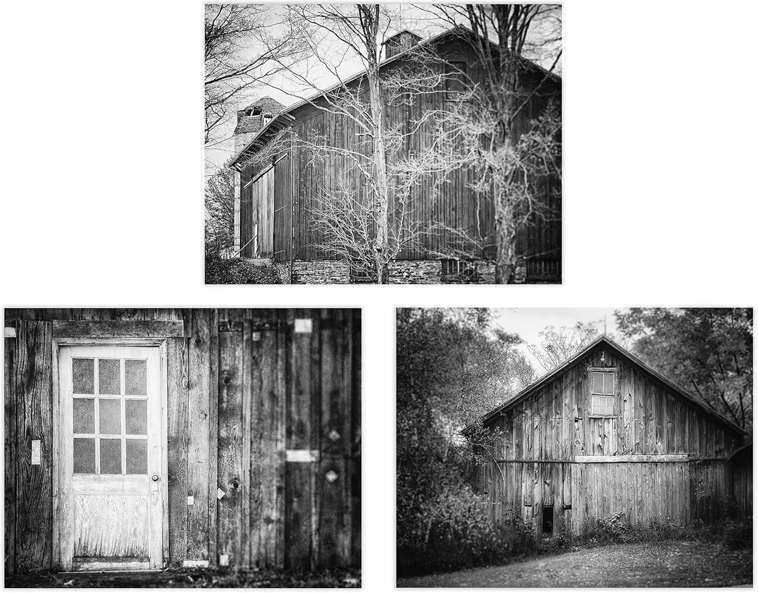 Photographs - Lisa Russo Fine Art - Black and White Rustic Farmhouse Wall Art Set of 3 Prints, Unframed, Black and White Barn Landscape Pictures for Kitchen, Hallway, Office Wall Decor (5x7 Prints)