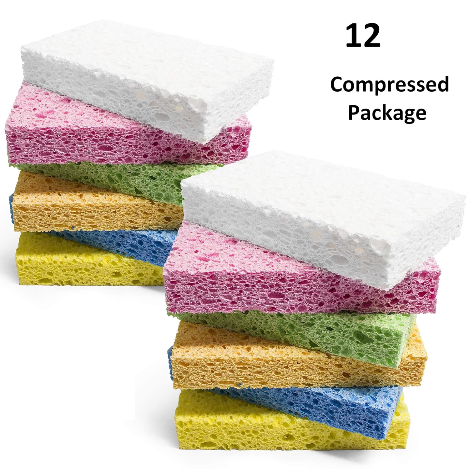 Cleaning Scrub Sponge,Cellulose Non-Scratch,for Kitchens,Bathroom,Cars,Colorful Compression Packing (12 Pack)