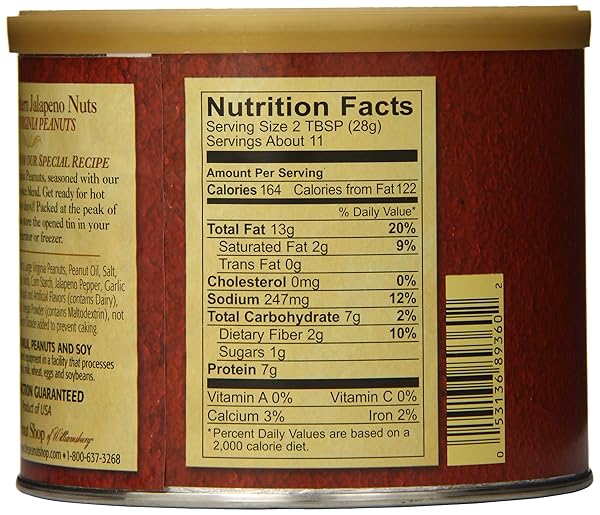 THE PEANUT SHOP OF WILLIAMSBURG HOT SOUTHERN JALAPENO PEANUTS WITH JALAPENO, ONION, GARLIC, HAND COOKED VIRGINIA PEANUTS, GLUTEN FREE, KOSHER – 9 OZ TIN