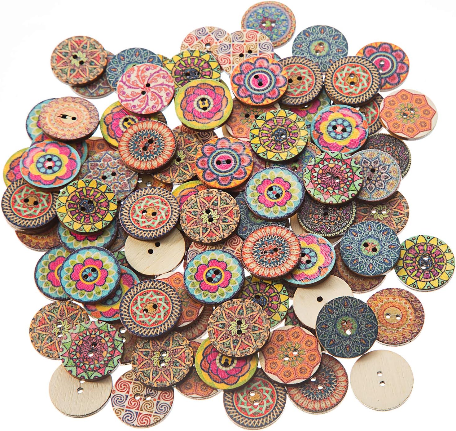 EMAAN100 Pieces of Vintage Wood Buttons, Random Mixed Pattern 2 Holes Round Craft Button Sewing DIY Crafts Decoration Children's Handmade Button (25mm / 1 inch)