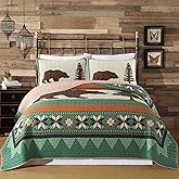 Soul & Lane Rustic Cabin Bear Quilt Set - King Size with 2 Shams, Wilderness Lodge Bedding with Country Nature Theme, Forest Quilted Bedspread with Outdoor Motif for Ski Lodge and Lake House