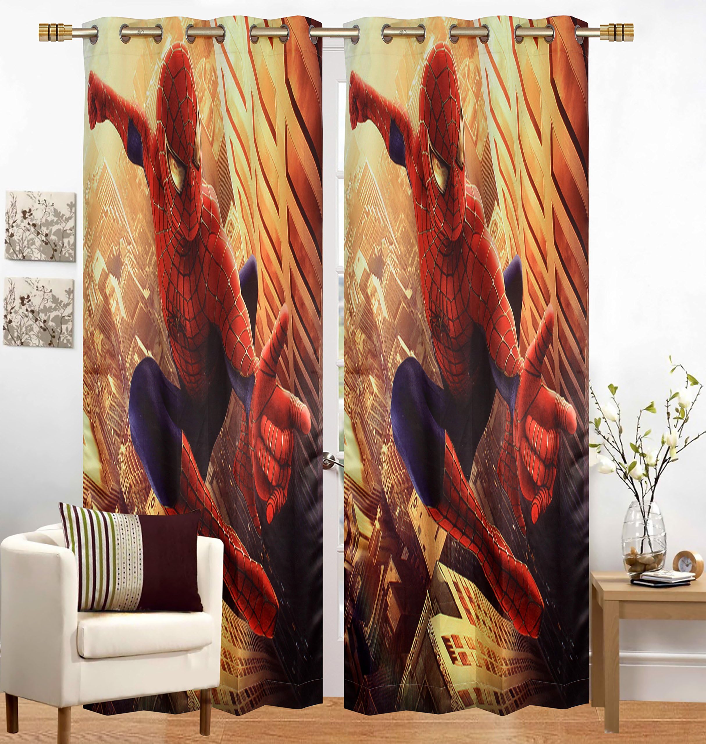 Sky Tex Digital Printed Spider Man Multi Color 2 Piece Set Polyester Door Eyelet Curtain (7 ft)