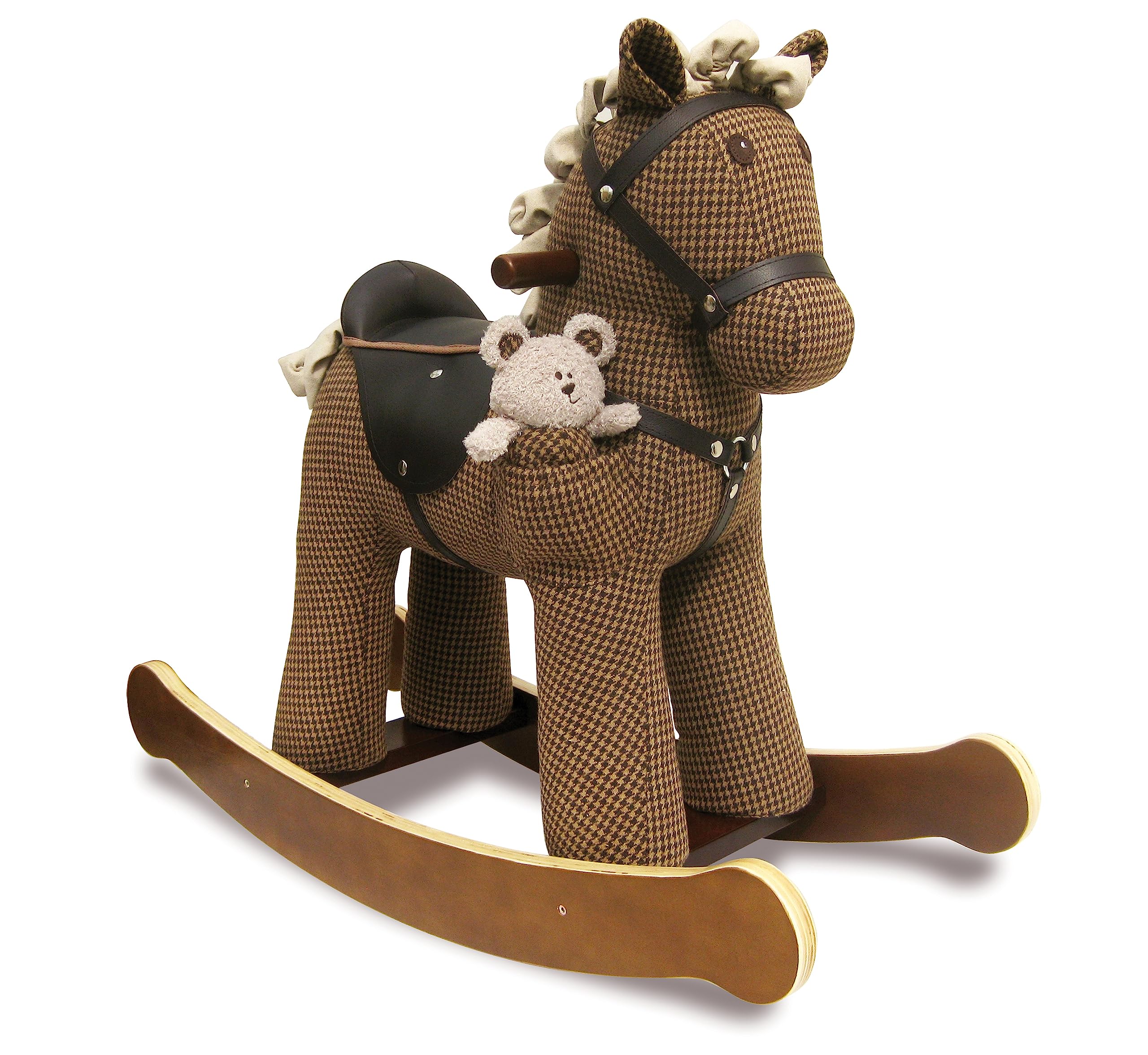 Little Bird Told Me - Chester & Fred Rocking Horse, Brown Ride On Horse Toy with herringbone woven fabric, for 1 Year Olds and Toddlers, Soft Horse Toy with Wooden Rockers, leatherette saddle & bridle, for Girls & Boys