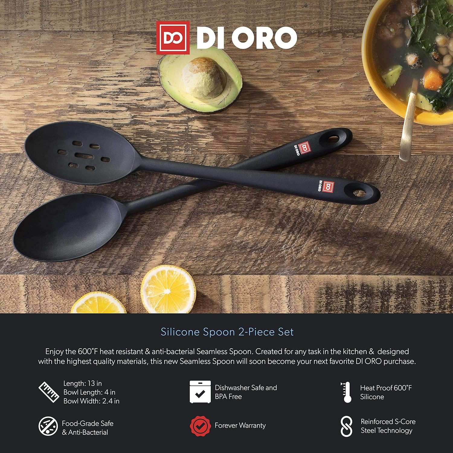 DI ORO Seamless Series 2-Piece Silicone Spoon Set - 600F Heat-Resistant Rubber Non-Stick Slotted and Solid Spoons for Mixing and Serving - LFGB Certified and BPA Free Pro-Grade Silicone – Black: Kitchen & Dining