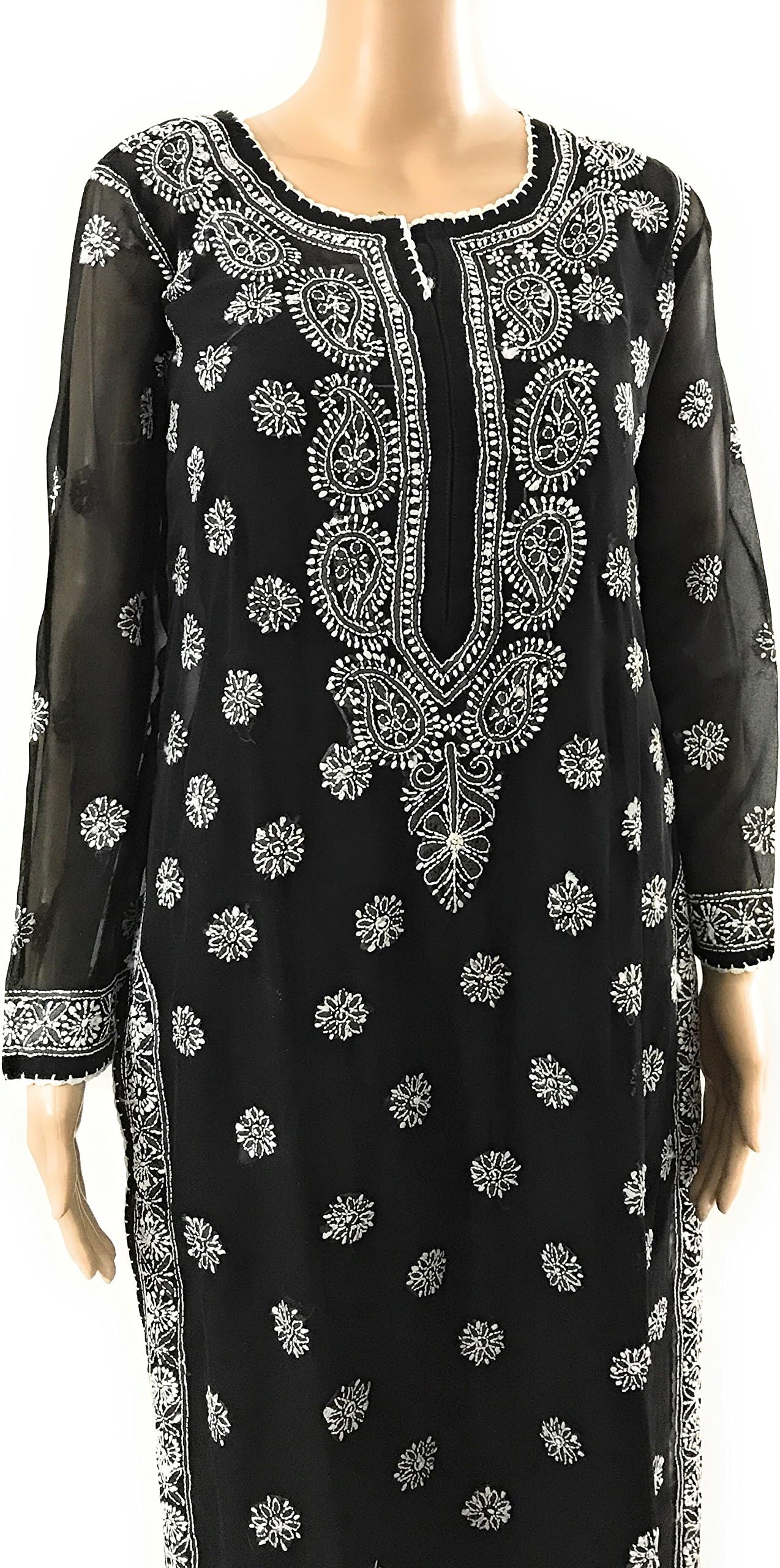 Georgette Kurti With Slip/Liner, Floor Length Black Lucknow Chikankari Fine Georgette Kurti/Tunic With Matching Liner,Lucknow Chikan