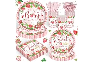 REJOICE BUNNY 120PCS Strawberry Baby Shower Supplies for Girls A Berry Sweet Baby Pregnancy Party Decorations Dinnerware Set Paper Plates Napkins Cups Set for 20 Guests