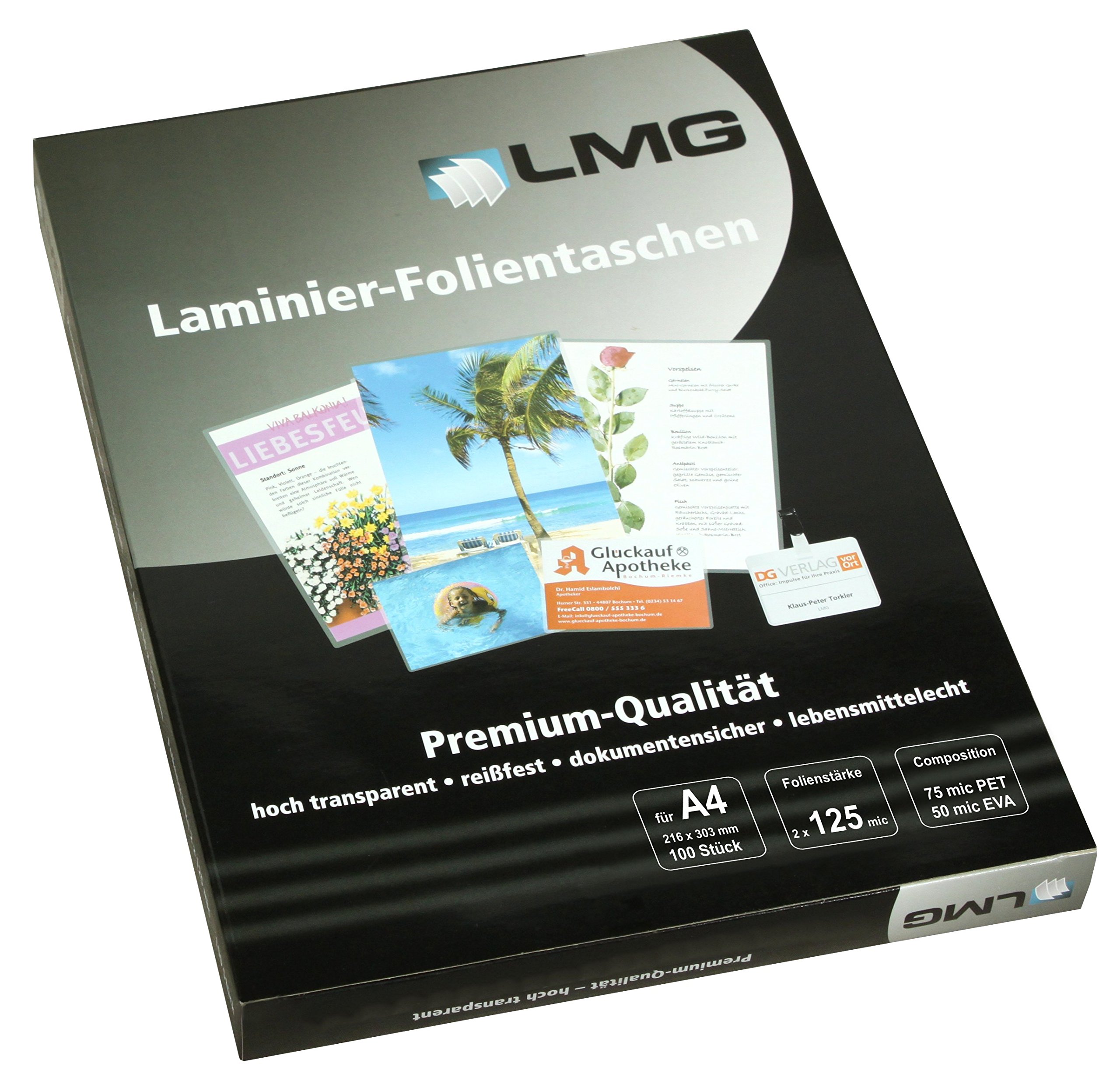 LMG LMGE-A4-125 Laminating Films, A4, 216 x 303 mm, 2 x 125 microns, 100 Pieces