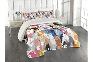 Lunarable Abstract Coverlet Set Queen Size, Pattern with Colorful Cartoon Style Horses Pony Childhood Theme Childish Artwork, 3 Piece Decorative Quilted Bedspread Set with 2 Pillow Shams, Blue Green