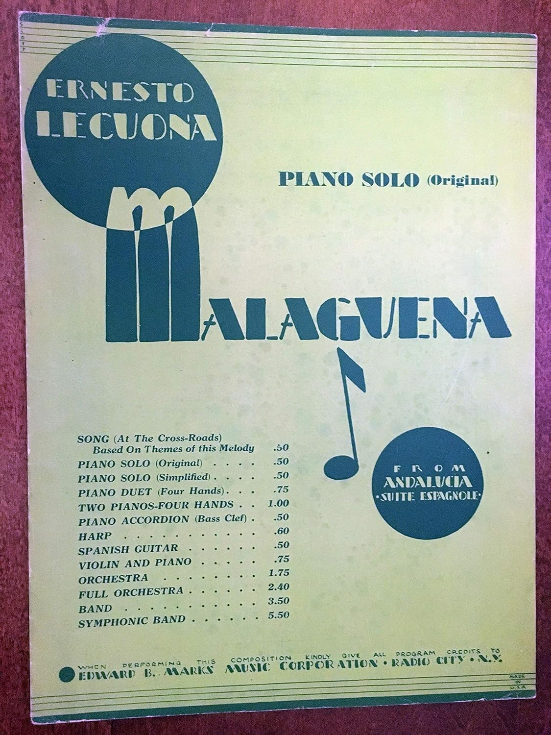 Amazon Com Malaguena Piano Solo 1932 Ernesto Lecuona Sheet Music Excellent Condition Entertainment Collectibles