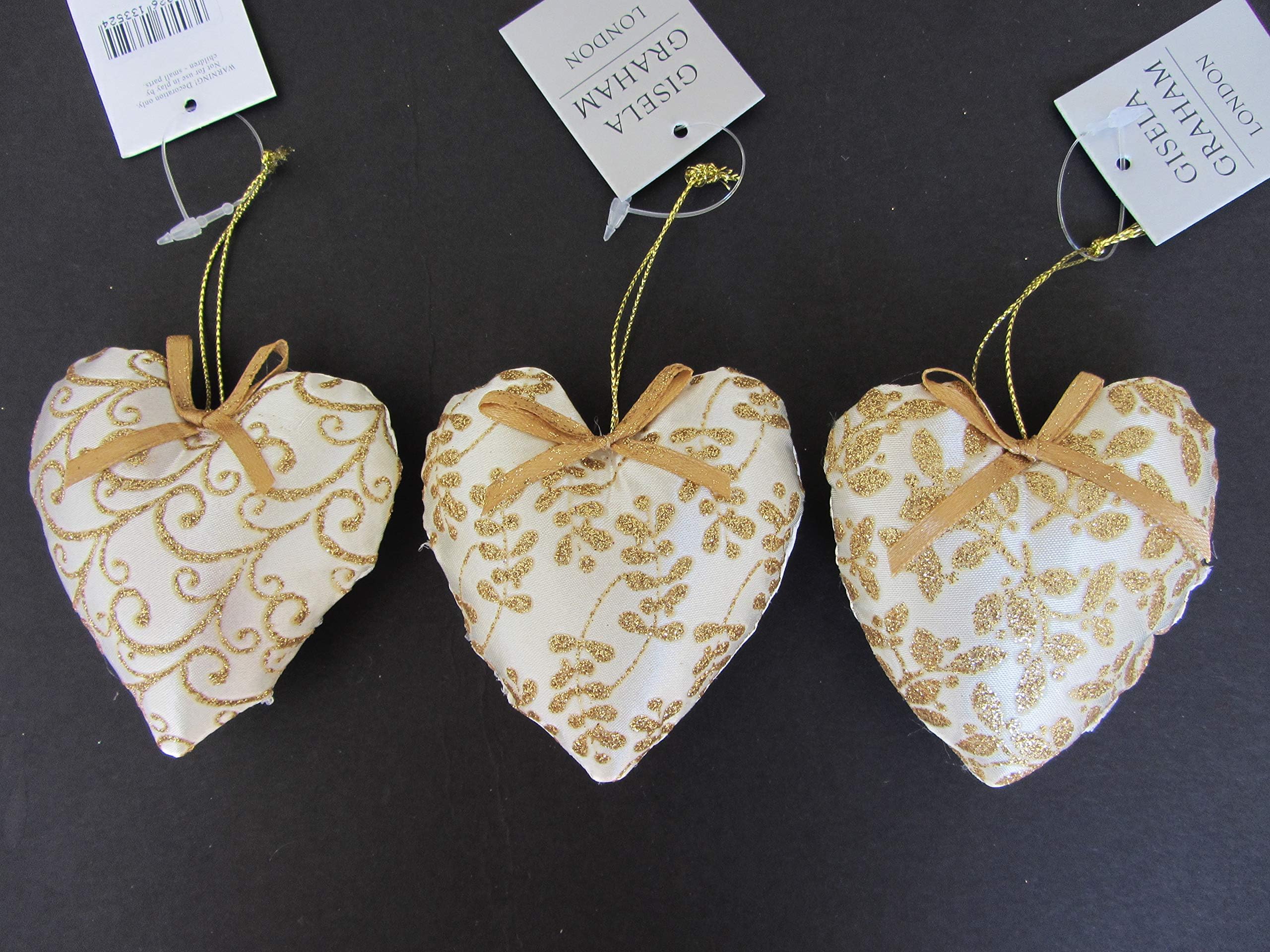 Set of 3 Leaves of Gold Fabric Heart Shaped Christmas Decorations by Gisela Graham