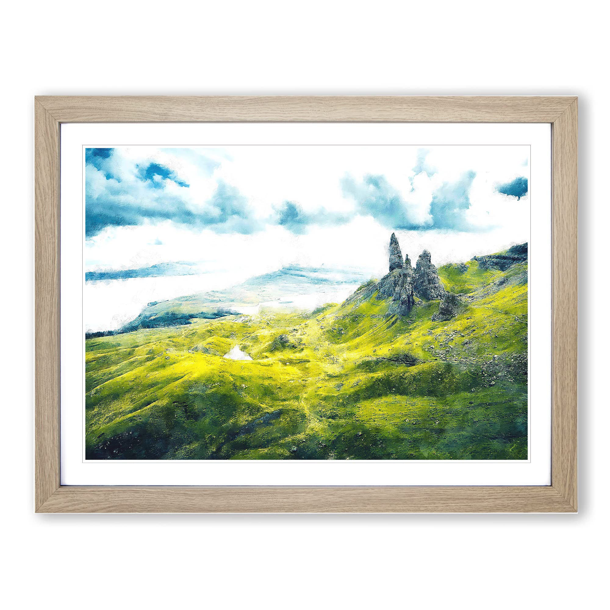 Old Man Of Storr Isle Of Skye Painting Modern Art Framed Wall Art Print, Ready to Hang Picture for Living Room Bedroom Home Office Décor, Oak A4 (34 x 25 cm)