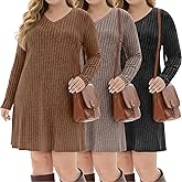 Evervibe 3 Pack Women's Plus Size Dresses Long Sleeve V Neck Ribbed Sweater Loose Casual Lighweight Dress for Curvy Women
