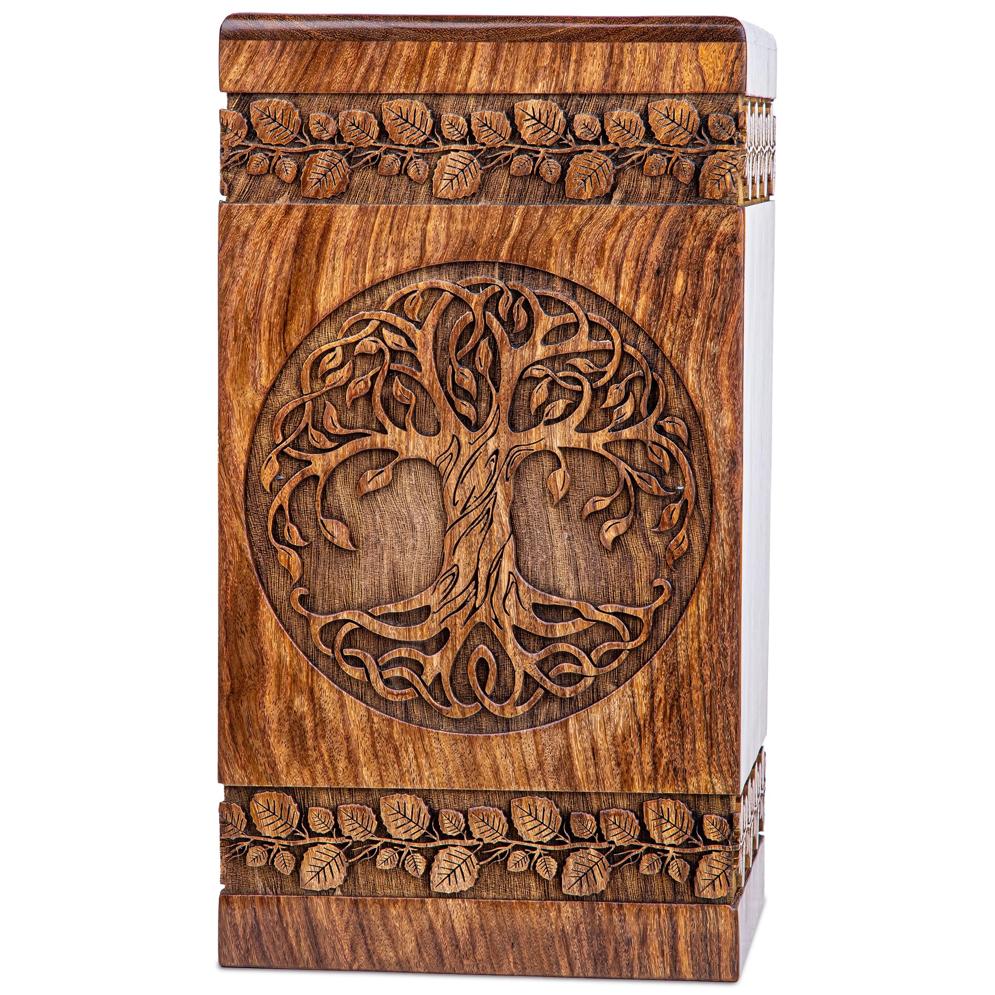 INTAJ Handmade Rosewood Urn for Human Ashes - Adult Tree of Life Wooden Urns Hand-Crafted - Celtic Funeral Cremation Urn for Dogs Engraved (Rosewood, Small - 8Hx4.75W (115 Cu/in))