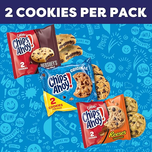CHIPS AHOY! COOKIES VARIETY PACK, ORIGINAL CHOCOLATE CHIP, CHEWY CHOCOLATE CHIP WITH REESE’S PEANUT BUTTER CUPS & CHEWY HERSHEY’S FUDGE FILLED SOFT COOKIES, 50 SNACK PACKS (2 COOKIES PER PACK)