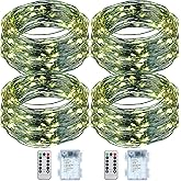 Remagr Fairy String Lights Battery Operated Green Wire LED Waterproof String Lights with Remote 8 Modes for Winter Tree Patio Garden Backyard Home Indoor Outdoor(33ft,Warm White,4 Pack)