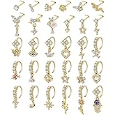 SONNYX 30Pcs 20G Dangle Nose Rings L Shaped Nose Studs Hoops for Women Copper Dangly Nose Rings CZ Flower Star Butterfly Heart Nose Piercing Rings