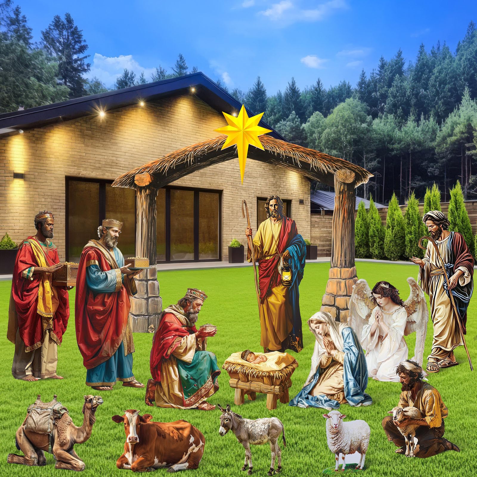 Photo 1 of Cinnvoice 14 Pcs Christmas Outdoor Nativity Scene Set Large Nativity Lawn Sign 51" Tall Manger Scene Outdoor Holy Family Yard Decoration PVC Weatherproof for Christmas Xmas Outside Yard Lawn Decor