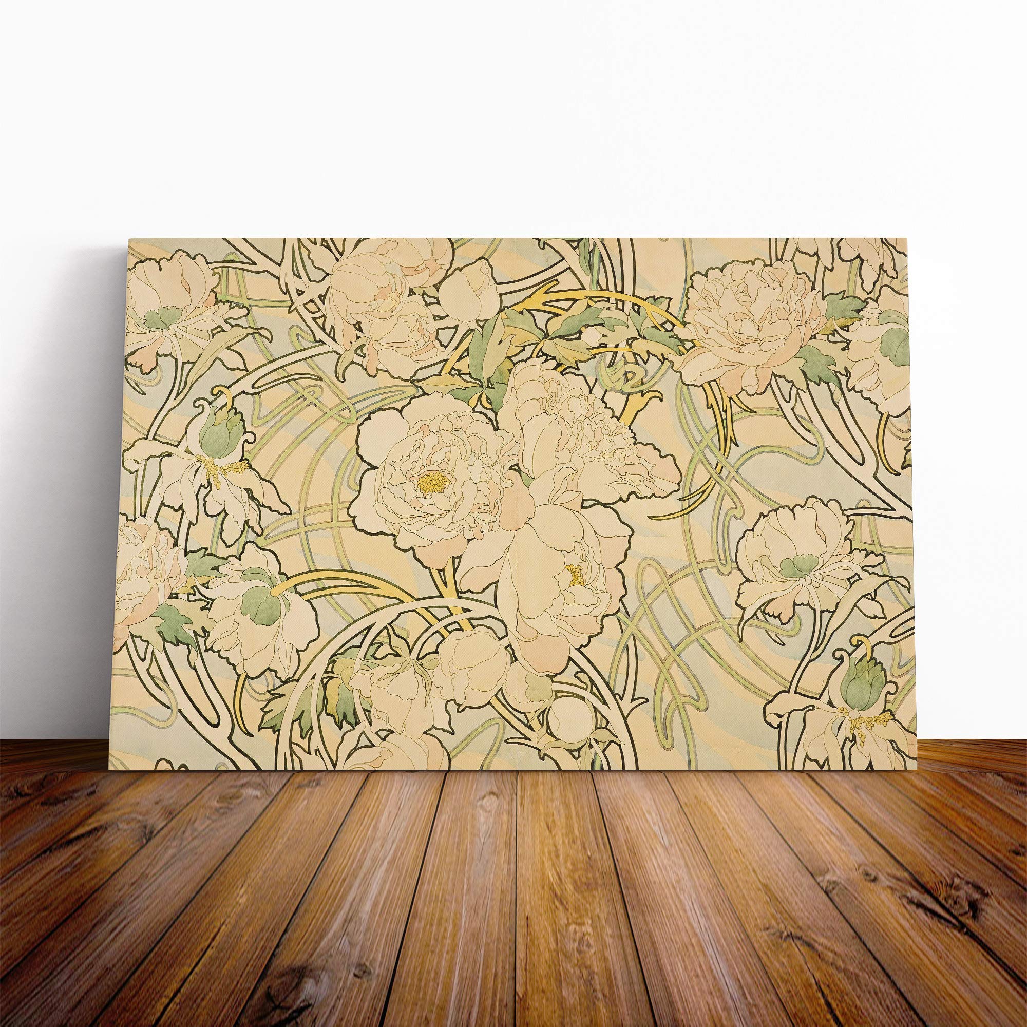 Alphonse Mucha Peonies Canvas Print | Gallery Wrapped 30mm Frame Wall Art | 20x14 inches | Ready to Hang | Modern Floral Picture | Living Room Bedroom Lounge Office