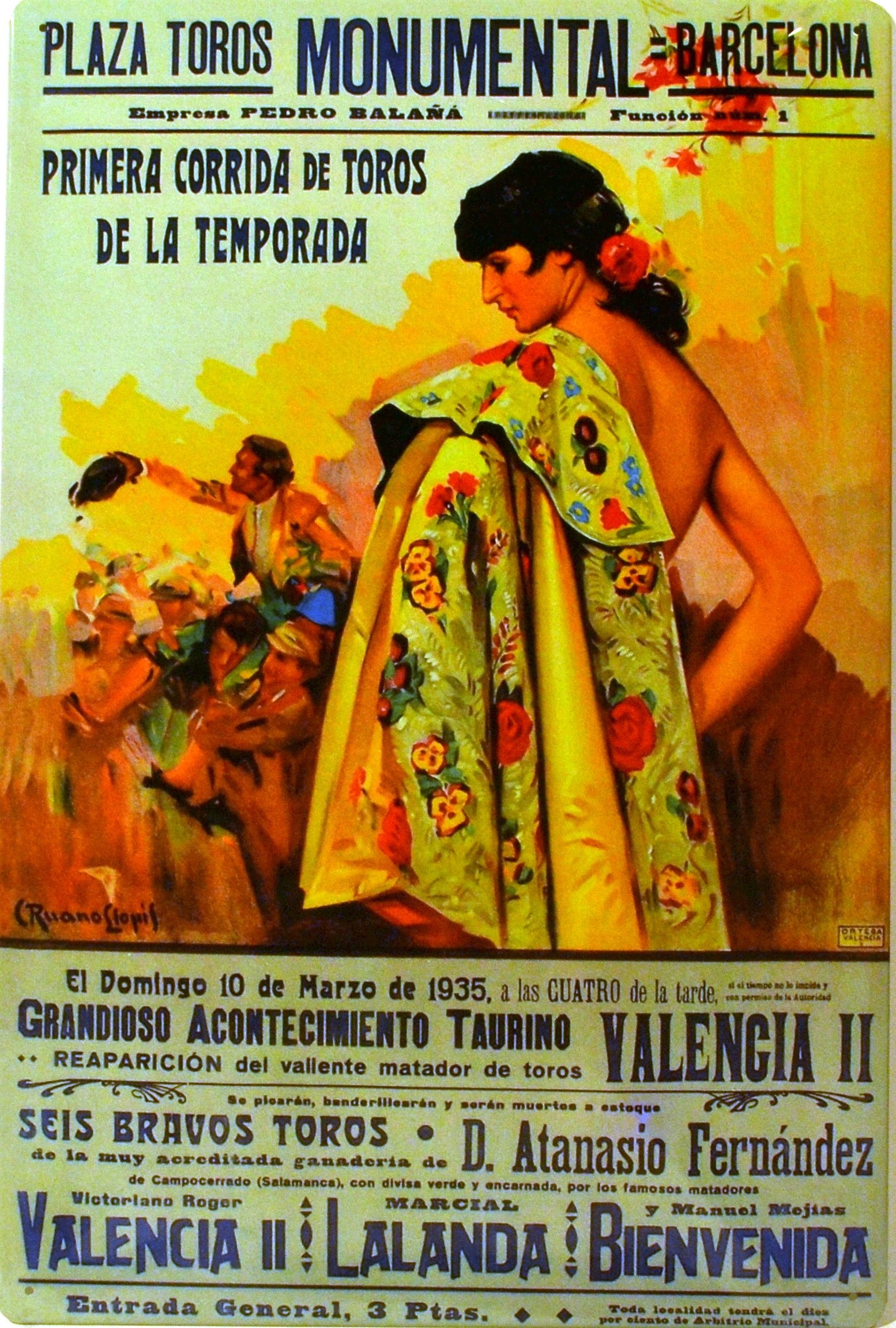 ART ESCUDELLERS Tin poster sign, with retro vintage design from Catalunya/Spain. Tin sign. 19,68" X 13,19" (PLAZA DE TOROS MONUMENTAL BARCELONA CAPOTE)