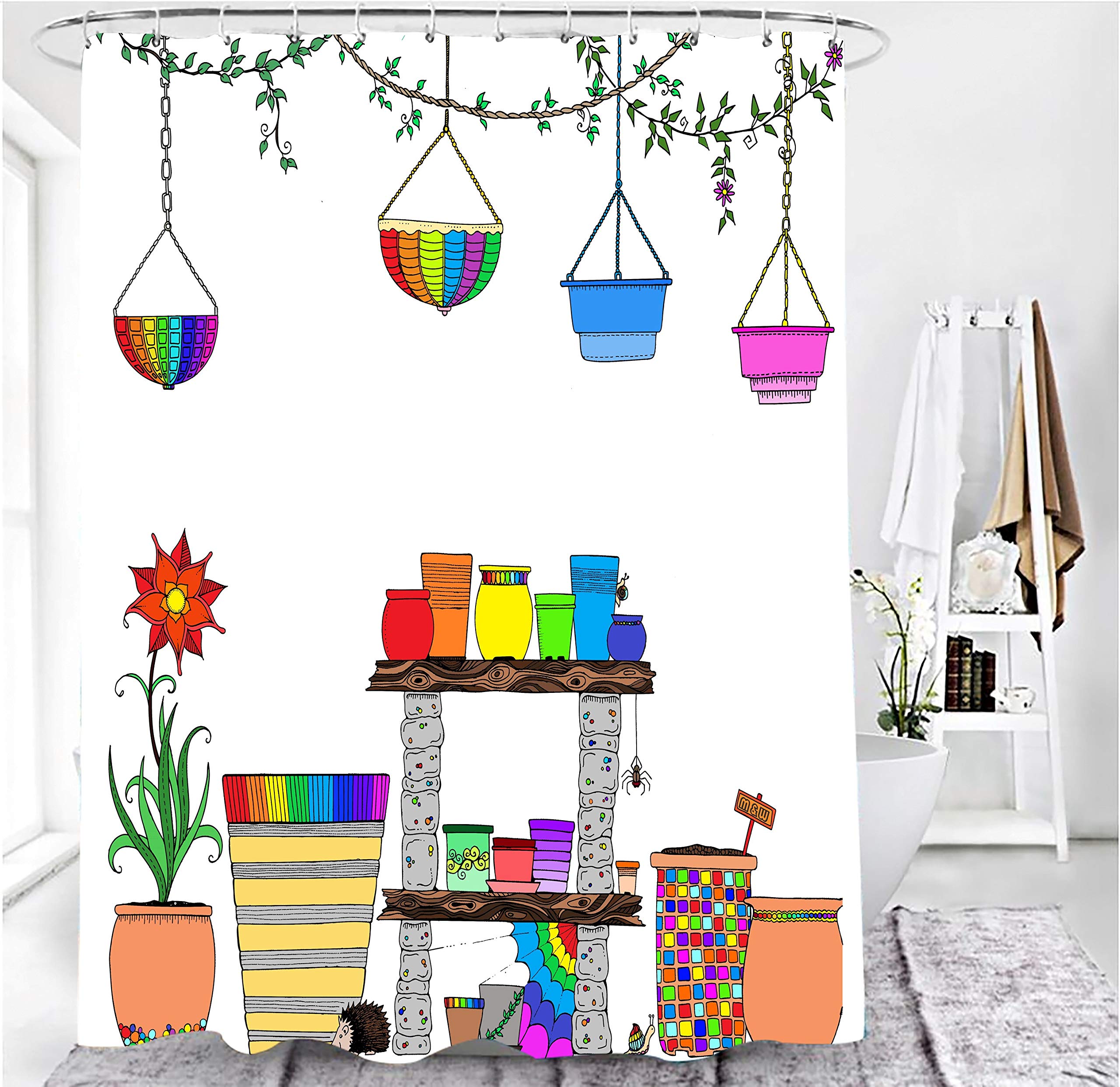 M&W DasDesign Shower Curtain Colourful Garden Colourful Flowers Plants Bathroom Textile Curtain with AntiMould Effect Hedgehog Washable Shower Curtain Including 12 CRings with Weight Bottom 180 x