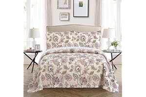 All American Collection 3 Piece New Printed Modern Floral Bedspread Coverlet, Floral, Over Sized Full/Queen, Beige
