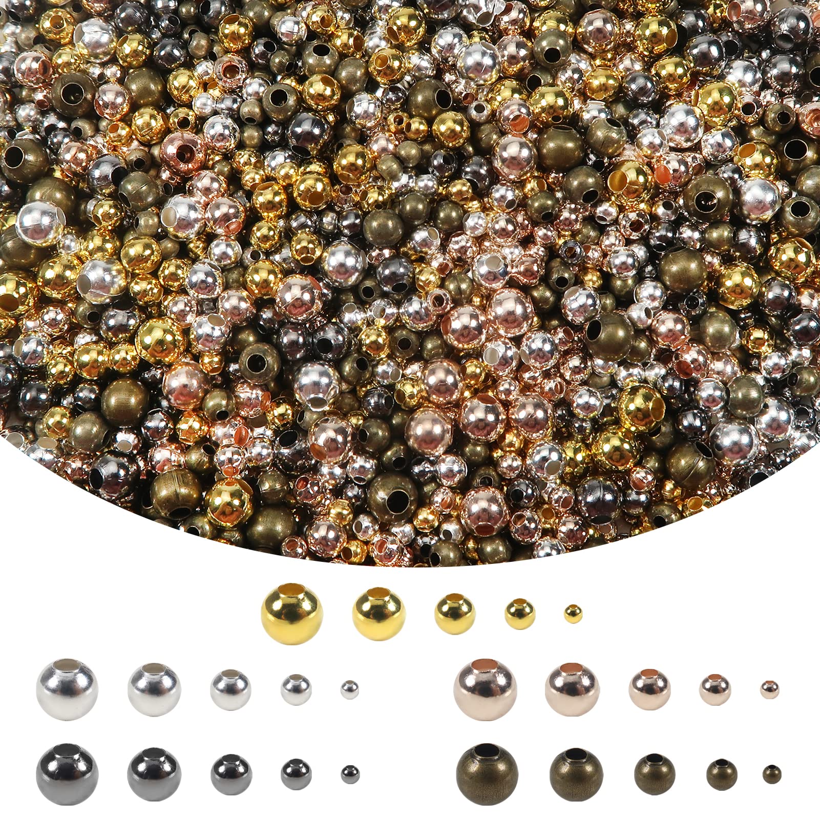 TOAOB 2700pcs Spacer Beads for Jewelry Making 2mm to 6 mm Round Loose Metal Seed Beads 5 Color for Bracelets Necklace Earring DIY Crafts Supplies