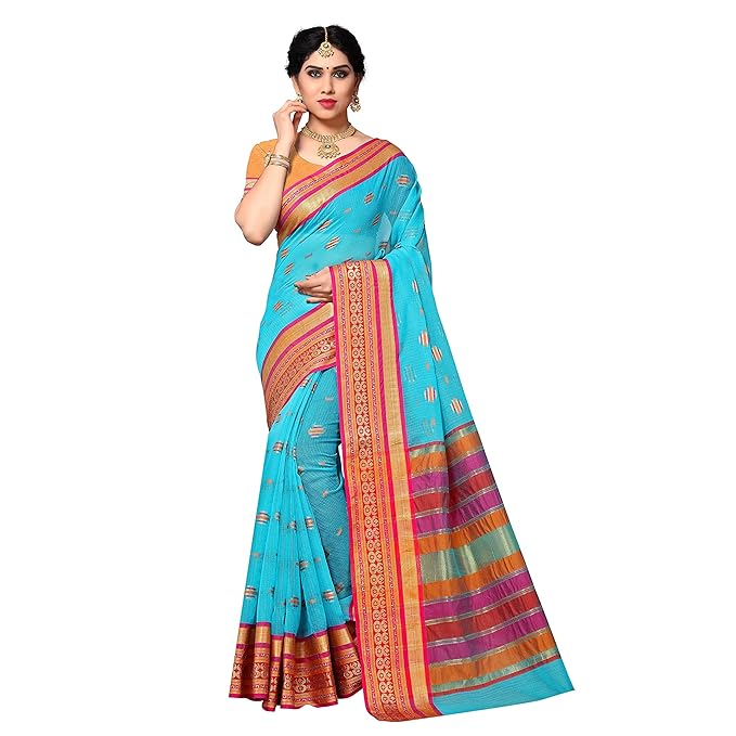 Textile Temple Border Kota Doria Cotton Manipuri Saree with unstitched blouse piece